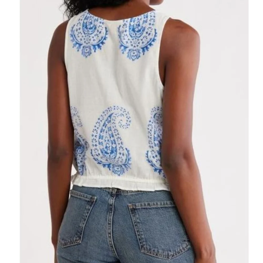 Lucky Brand Sleeveless Top Midi Skirt Set Cotton Paisley Print White Blue XL NWT